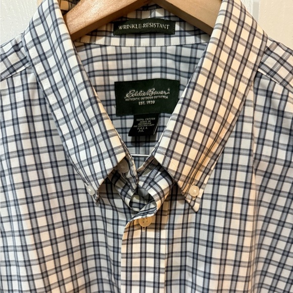 Eddie Bauer Blue Blk White Plaid Button Down Shirt Wrinkle Resistant LNWOT! XL T - Picture 3 of 5